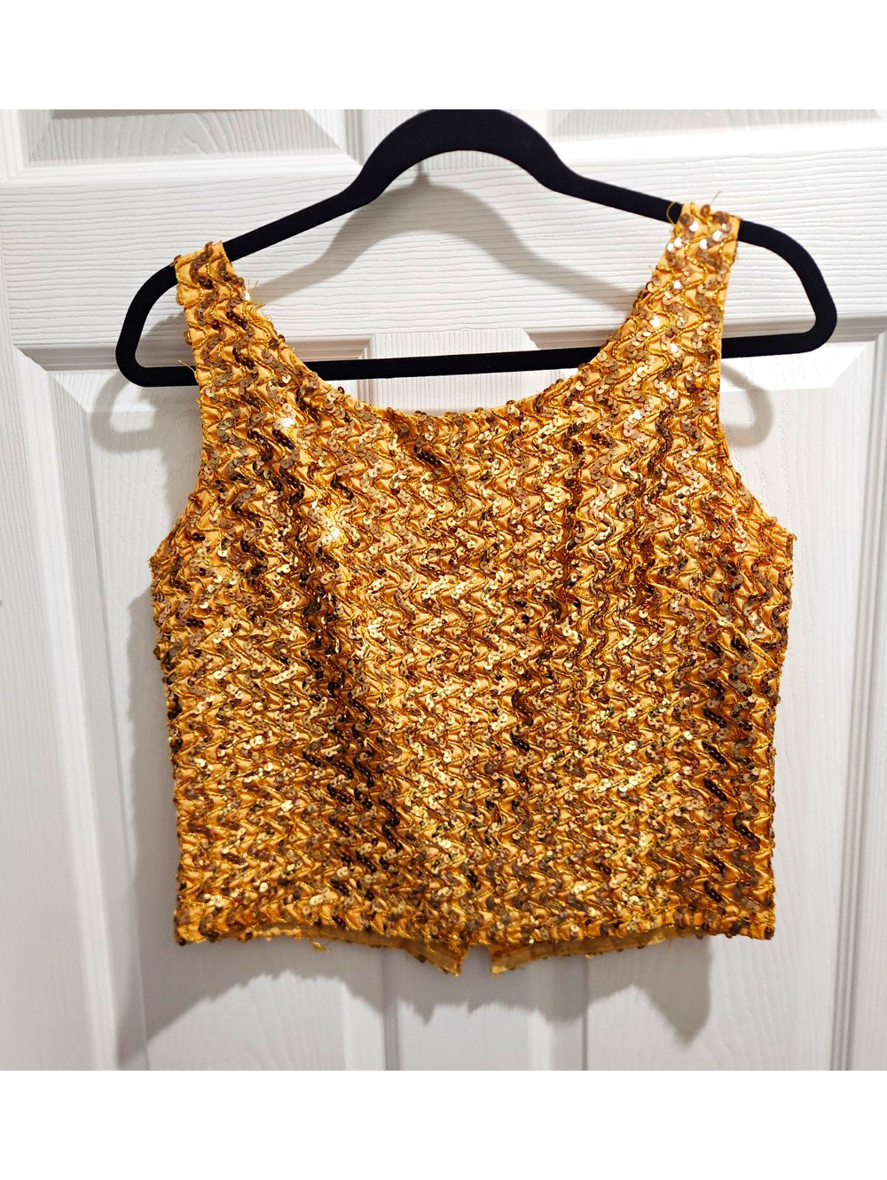 Women's Gold Sequin Satin Lined Cropped Tank Top Scoop Neck Zip Back L